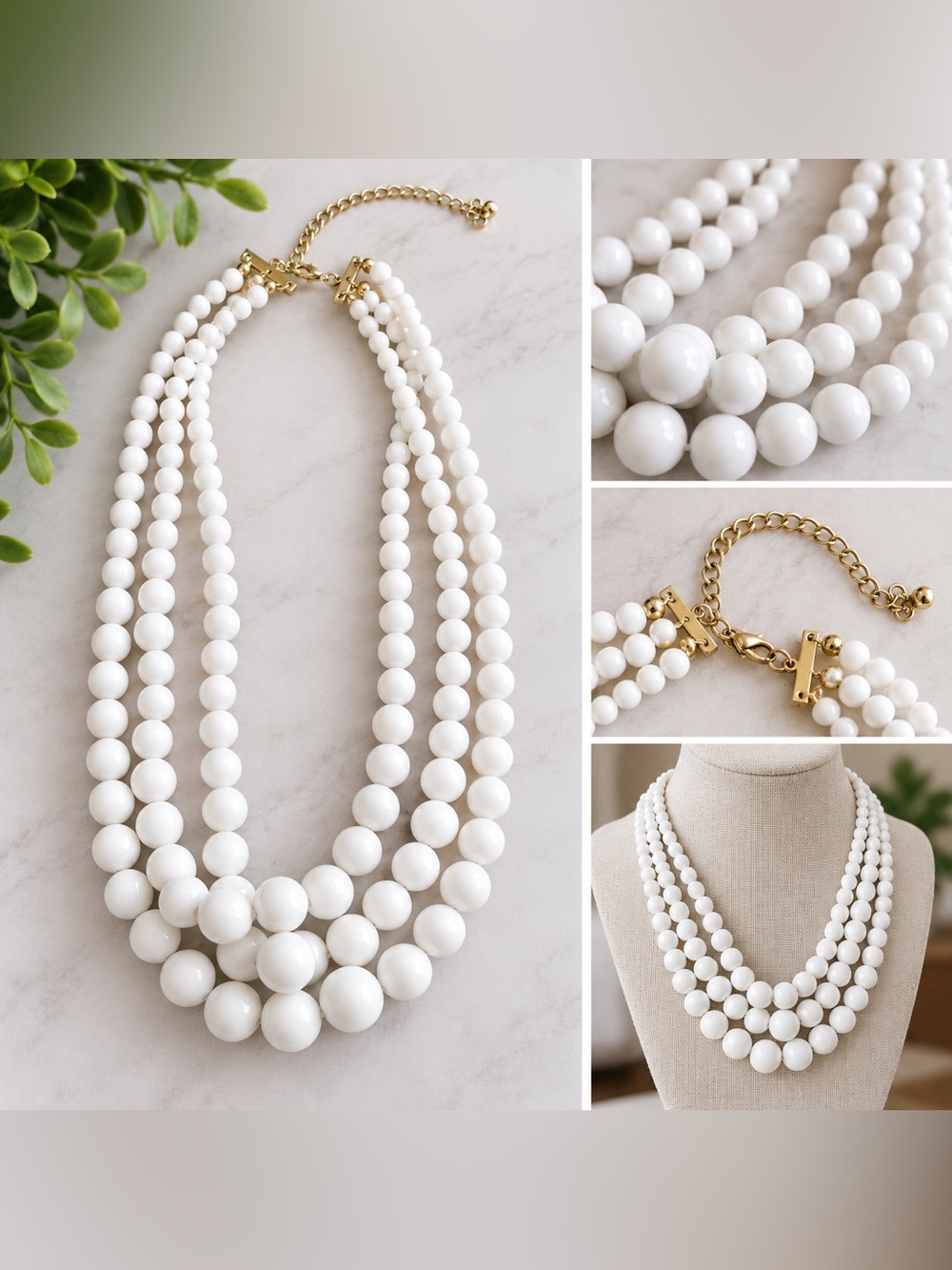 Classic White Triple-Strand Beaded Necklace with Gold Chain